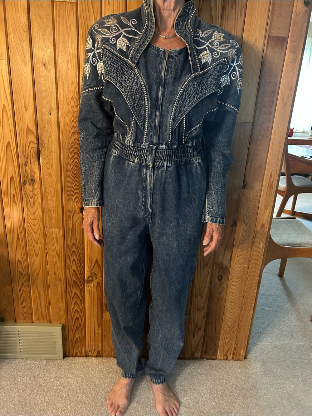 Western Dark Wash Embroidered Denim Jumpsuit - Blue